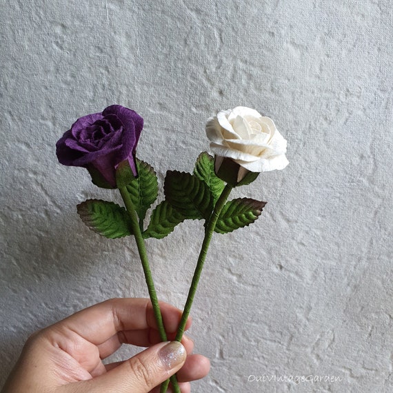 Set of 15 Roses, Mixed Paper Roses, Violet & White Roses, Handmade Flower,  Floral Arrangements, Flower Decoration 