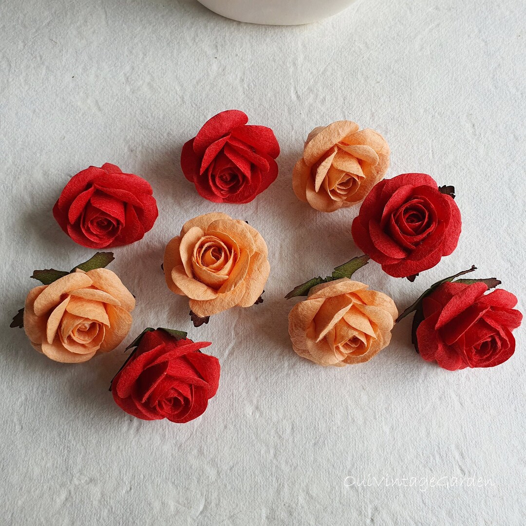 10 Paper Roses, Small Paper Rose, Orange & Red Rose, Size 1.25