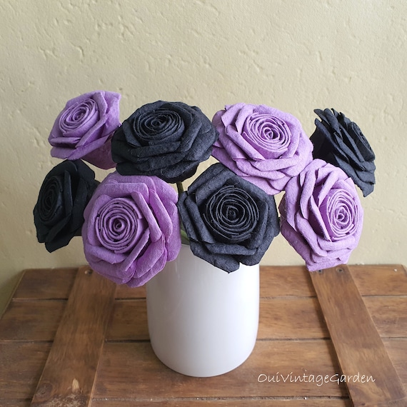 Violet & Black Paper Roses, Roses With Stems, Home Decoration, Handmade  Flowers, 