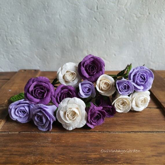 Set of 15 Roses, Mixed Paper Roses, Violet & White Roses, Handmade Flower,  Floral Arrangements, Flower Decoration 