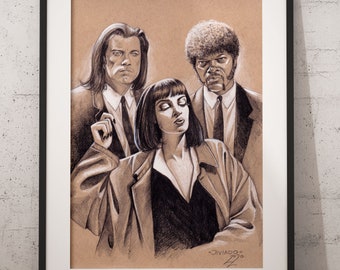 Impresión artística de Pulp Fiction, Jules Vincent Mia, dibujo a lápiz de un fan art