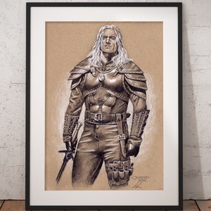 POSTER White wolf in new armour Portrait - Lápiz Dibujo a mano Fine Art Print Wall Art Película Regalos Entusiastas de los juegos