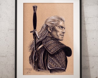Póster con retrato de Geralt: dibujo a lápiz, arte de fan de White Wolf