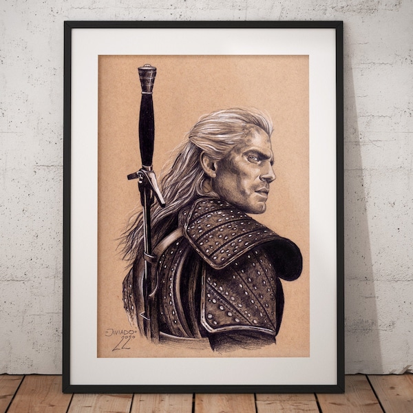 Póster con retrato de Geralt: dibujo a lápiz, arte de fan de White Wolf