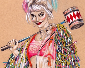 ORIGINAL PORTRAIT Harlequin with hammer - Pencil Realistic Hand Drawing Fine Art Movie Gifts Fan Art Harlequin Superhero