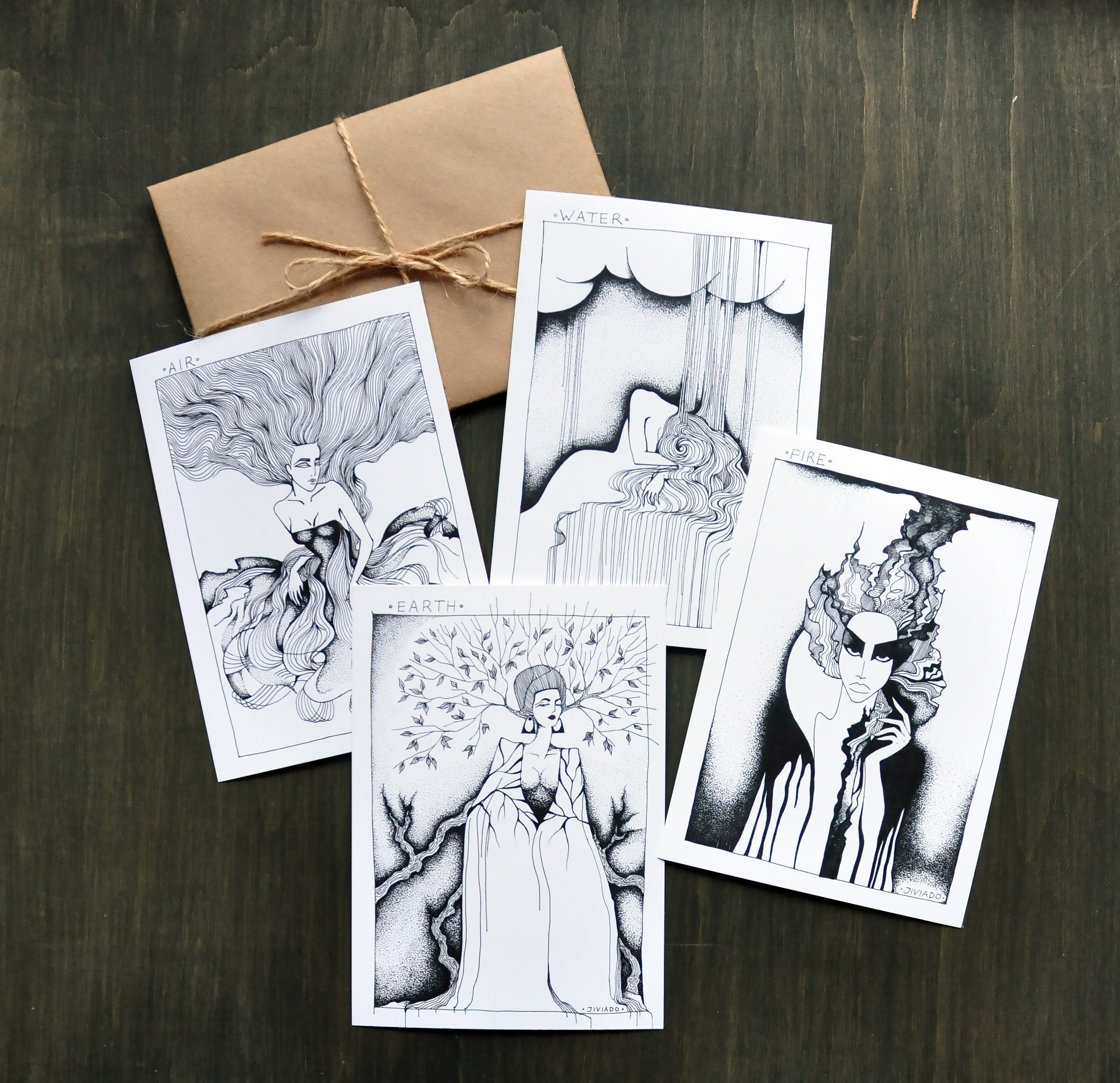 Mini impresión artística de los cuatro elementos: Tierra, Aire, Agua y Fuego - Dibujo a lápiz a mano, arte de abanico, cartas elementales, astrología, arte, alquimia.