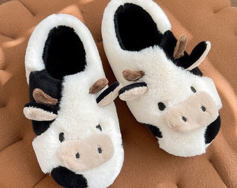 Women’s Super Cute Cow Slippers House Shoes cow print shoe Farm Animal Ins Style Slippers Plush Slippers Fluffy Slippers