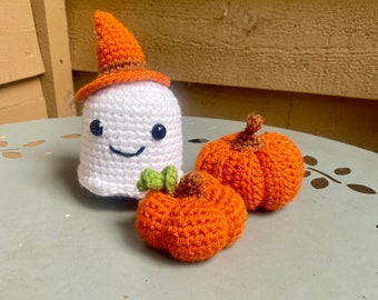 Spooktacular Trio/ Ghost witch & two pumpkins