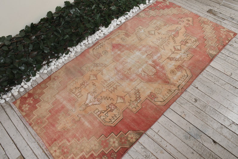 3.4x7.5 ft Unique Rug Rugs Red Rug Area Rug Beige Rug 4043 Anatolian Rug Oriental Rug Salon Rug Wool Rug Turkish Rug Vintage Rug
