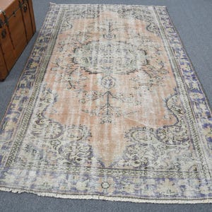 Vintage Turkish Rug, Distressed Oushak Carpet, 5x9ft, Bohemian Decor, Faded Orange Rug, Handmade Floral Pattern, Area Bedroom Rug