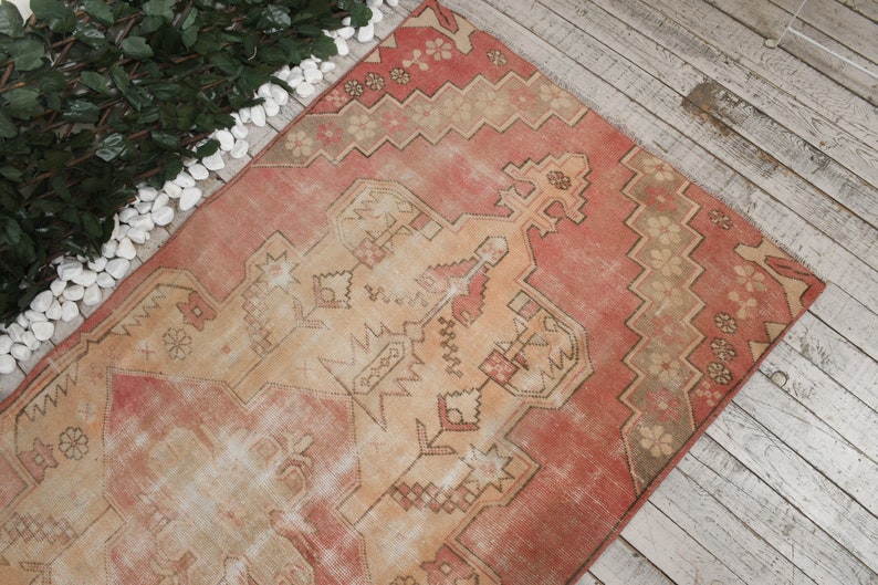 3.4x7.5 ft Unique Rug Rugs Red Rug Area Rug Beige Rug 4043 Anatolian Rug Oriental Rug Salon Rug Wool Rug Turkish Rug Vintage Rug