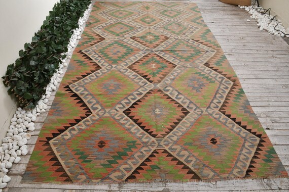 ヴィンテージトルコエリアラグ、幾何学模様、マルチカラーデザイン、6