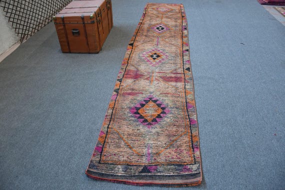 ヴィンテージ トルコ ラグ、手織りランナー 76 x 399 cm、幾何学模様の