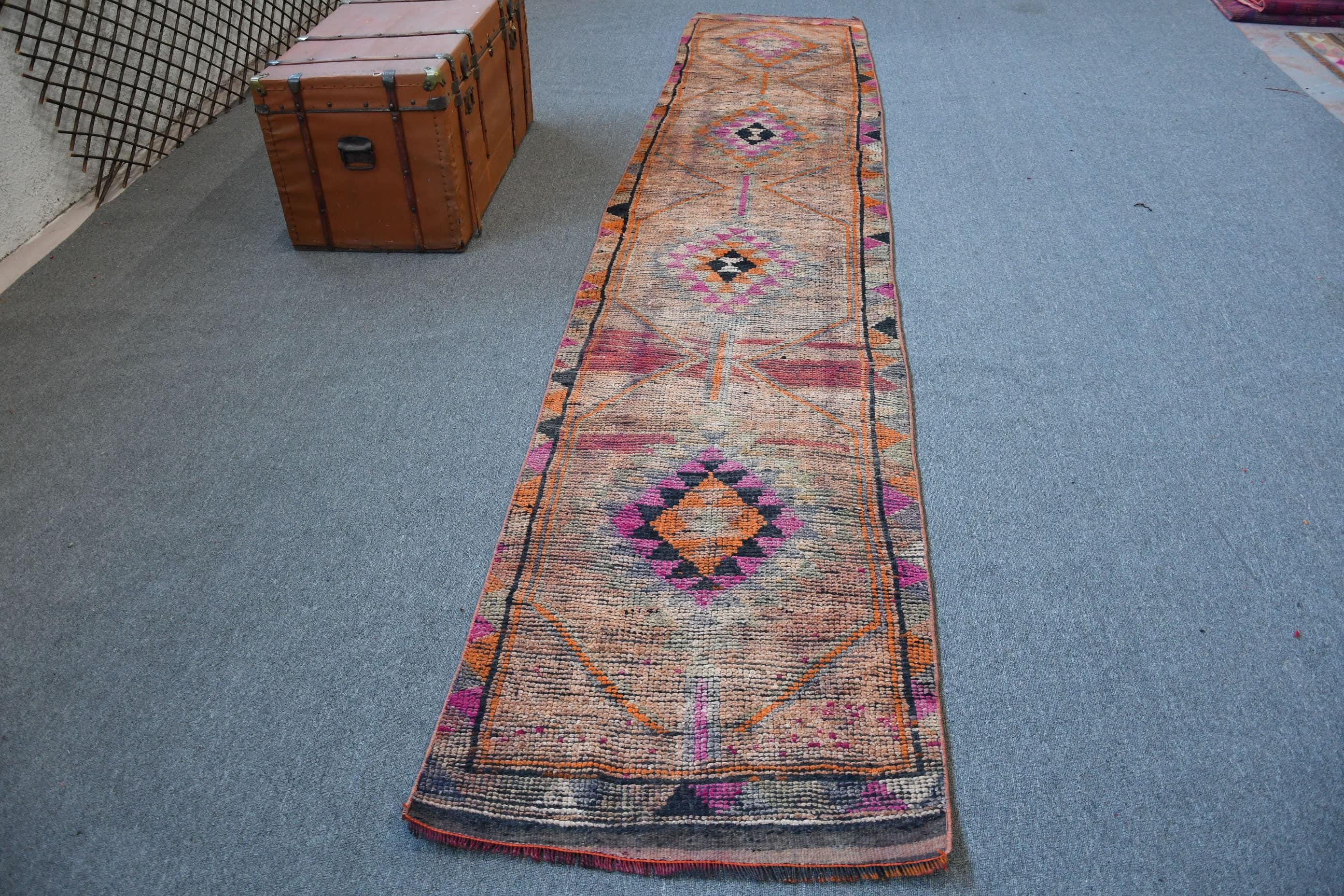 ヴィンテージ トルコ ラグ、手織りランナー 76 x 399 cm、幾何学模様の