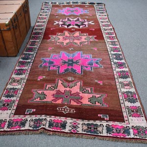 Vintage Turkish Kilim, Vibrant Pink Geometric Patterns, 5x11ft Area Rug, Bohemian Living Decor