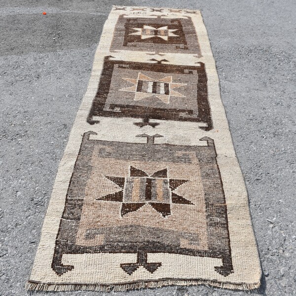 Runner Rug, Herki Rug, Turkish Rug, Vintage Rug, Home Decor Carpet, 37x118 inches Beige Carpet, Anatolian Corridor Rug,  10015
