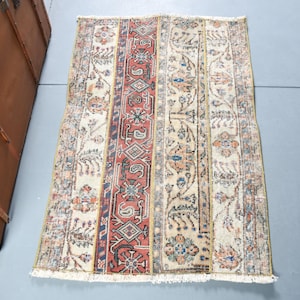 Vintage Turkish Door Mat, 2x4ft, Intricate Floral Design, Vibrant Red and Beige Colors, Handwoven Pattern