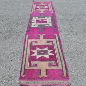 Turkish Runner Rug, Pink Vintage Runner, 3x12ft Area Rug, Anatolian Wool Rug, Handwoven Hallway Carpet