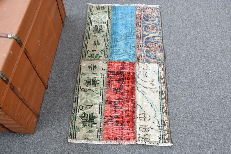 Blue Red Office Rug Vintage Turkish Patchwork Wool Rug, 1.9x3.6 Ft Small Home Office Accent ...