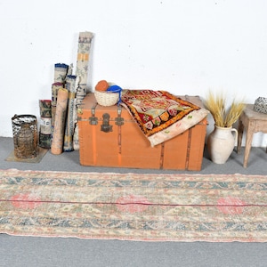 Patchwork Rug Vintage Turkish Runner Oushak Rugs For Hallway 2.6x12.8 ft Brown Anatolian Vintage Stair Office Muted Abstract Tribal