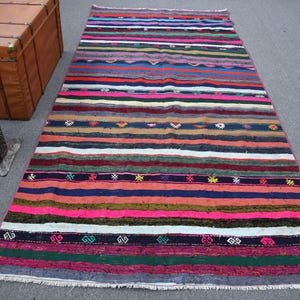 Vintage Turkse kelim, kleurrijk gestreept tapijt, handgeweven, boho-stijl, 145 x 300 cm, 5 x 10 ft, woondecoratie, etnisch design, woonkamertapijt