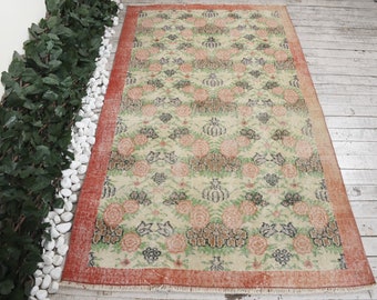 Groen tapijt, Turks tapijt, 3,8 x 6,6 ft, vintage tapijt, Oushak-tapijt, oosters tapijt, karpet, beige tapijt, handgemaakt tapijt, rood tapijt, gebloemde tapijten, 3817