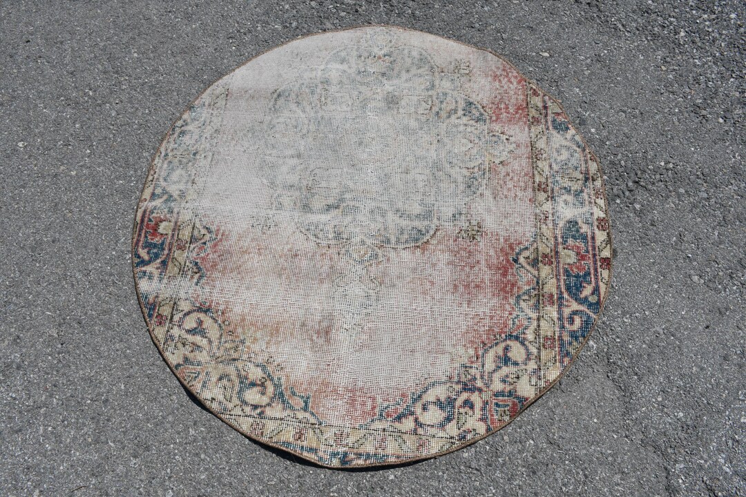 Vintage Turkish Round Rug 4x4 Ft, Red Blue Camouflage Wool Rug - Etsy