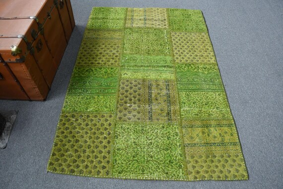 Tapis D'Orient Vintage Patchwork - Laine 100%, Main Tendu, 315x80 Cm, Vert, Style Rétro Moderne