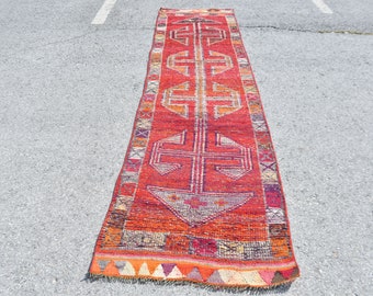 Herki Rug, Runner Rug, Turkish Rug, Vintage Rug, Home Decor Carpet, 34x134 inches Red Carpet, Office Rug, Kitchen Rugs,  10006