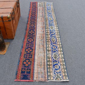 Turkish Vintage Rug, 2.4x9.1 ft Runner Rug, Blue Oushak Patchwork Rug
