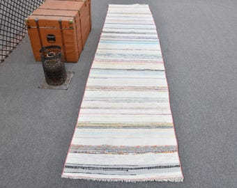 トルコキリムランナー、ヴィンテージキリム、手作り廊下敷き、77 x 342