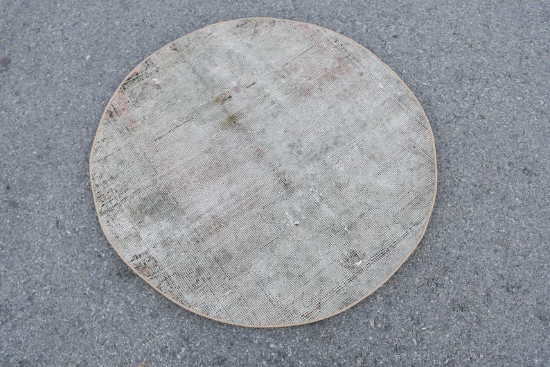 4x3 Rounded Vintage Rug, Gray Round Oushak Rug, 3.4x3.4 Ft, Wool Foyer Accent ...
