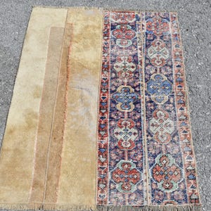 Vintage Turkish Rug, 3x4ft Handwoven Door Mat, Colorful Geometric Patterns, Blue and Red Design