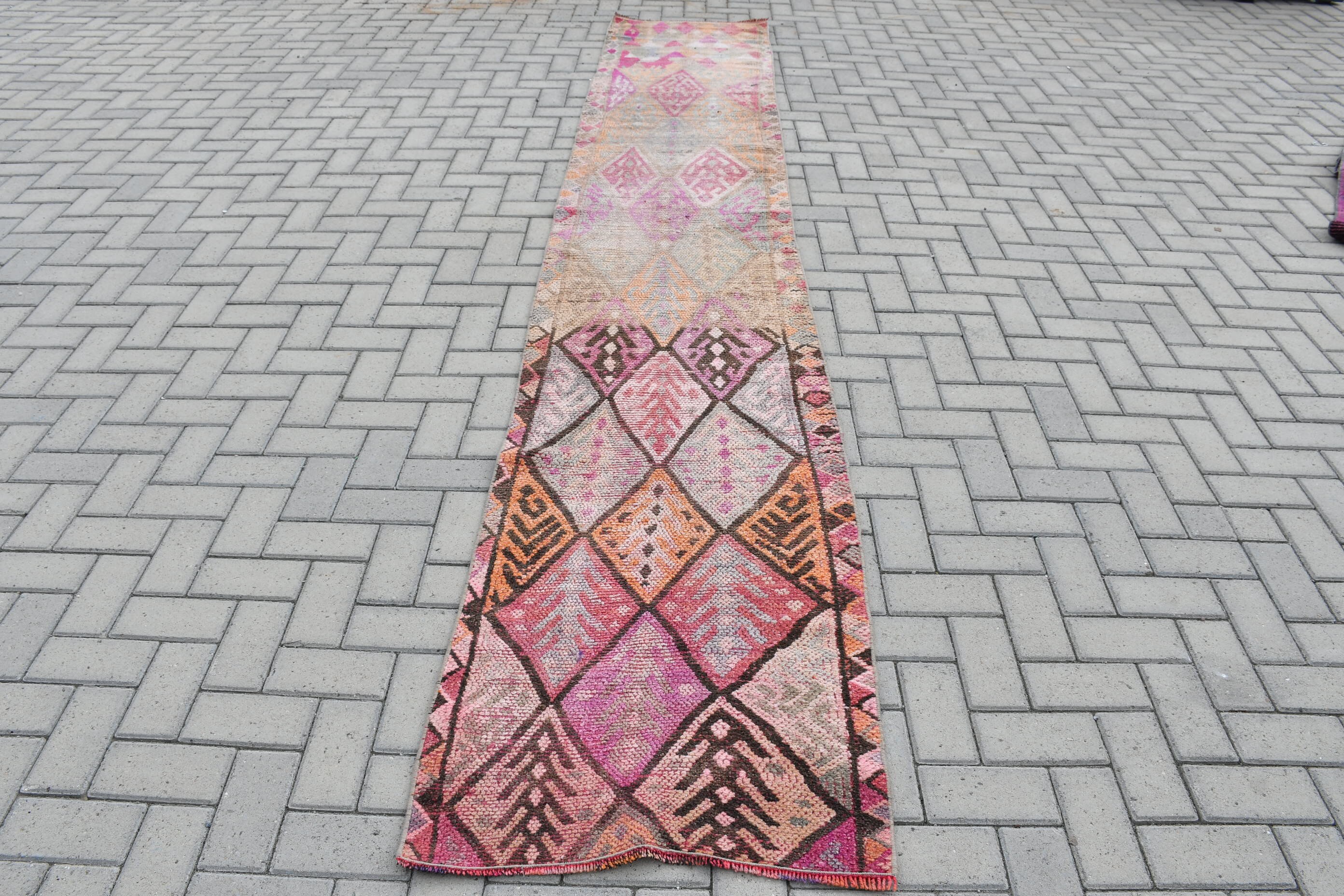 2.3x13.3 ft Area Rugs, Turkish Rug, Rugs For Floor, , Vintage Rug, Herki Rug, Oushak Rugs, Pink Kitchen Rugs, Organic Indoor Rug