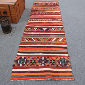 Runner Rug, Vintage Turkish Kilim, Handwoven Carpet, Bohemian Style, 88x308cm, 3x10ft, Colorful Striped Rug, Hallway Decor