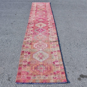 Vintage Turkish Runner Rug, Pink Geometric Patterns, 3x13ft, Boho Area Carpet, Colorful Handwoven Decor