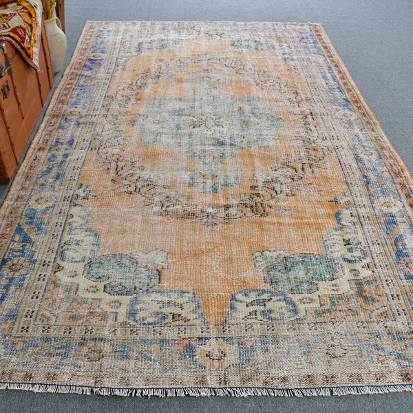 5.9x9.6 ft Large Rugs, Turkish Rug, Vintage Rug, Faded Oushak Rugs, Rugs For Salon, Orange Colorful Rug, Gift For Her,  13068