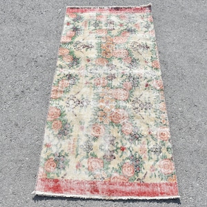 Vintage Turkish Rug, Floral Design, 2x5ft, Colorful Pastel Tones, Handwoven Door Mat, Unique Home Decor