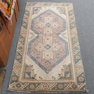 Small Vintage Turkish Rug, Beige Wool Anatolian Rug (2.2x4.3 ft)