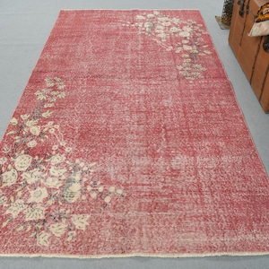 Vintage Turkish Rug, 5x9ft Large Rug, Floral Design, Distressed Area Rug, 145x263cm Pink Carpet, Handmade Turkish Rug, Living Room Decor