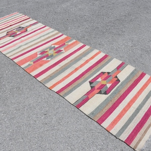 Handwoven Turkish Rug, Colorful Kilim, Striped Runner, 3x10ft, Vintage Area Rug, Anatolian Design, Unique Decorative Rug