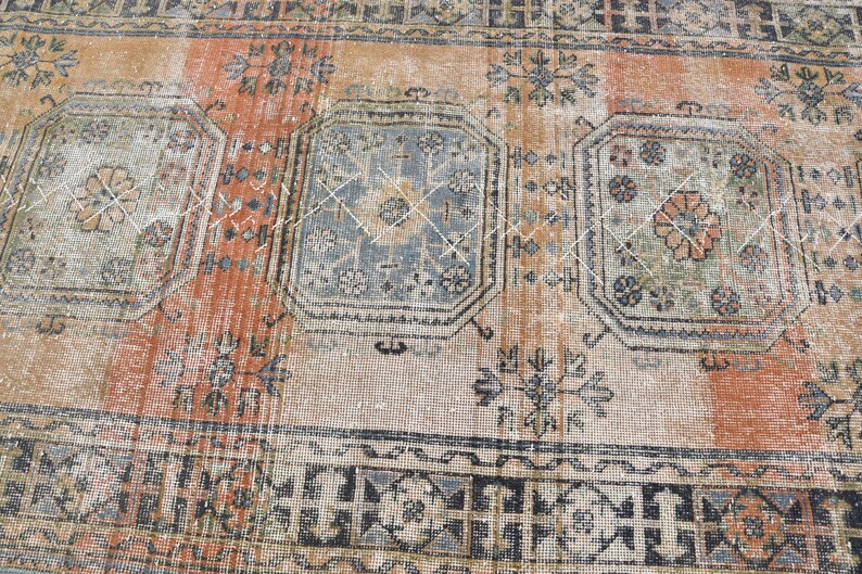 Anatolian Rug Decorative Rug Geometric Rug Faded Rug Vintage Rug Antique Rug Turkish Rug 8007 Oriental Rug 4.6x11.4 ft Oushak Rug