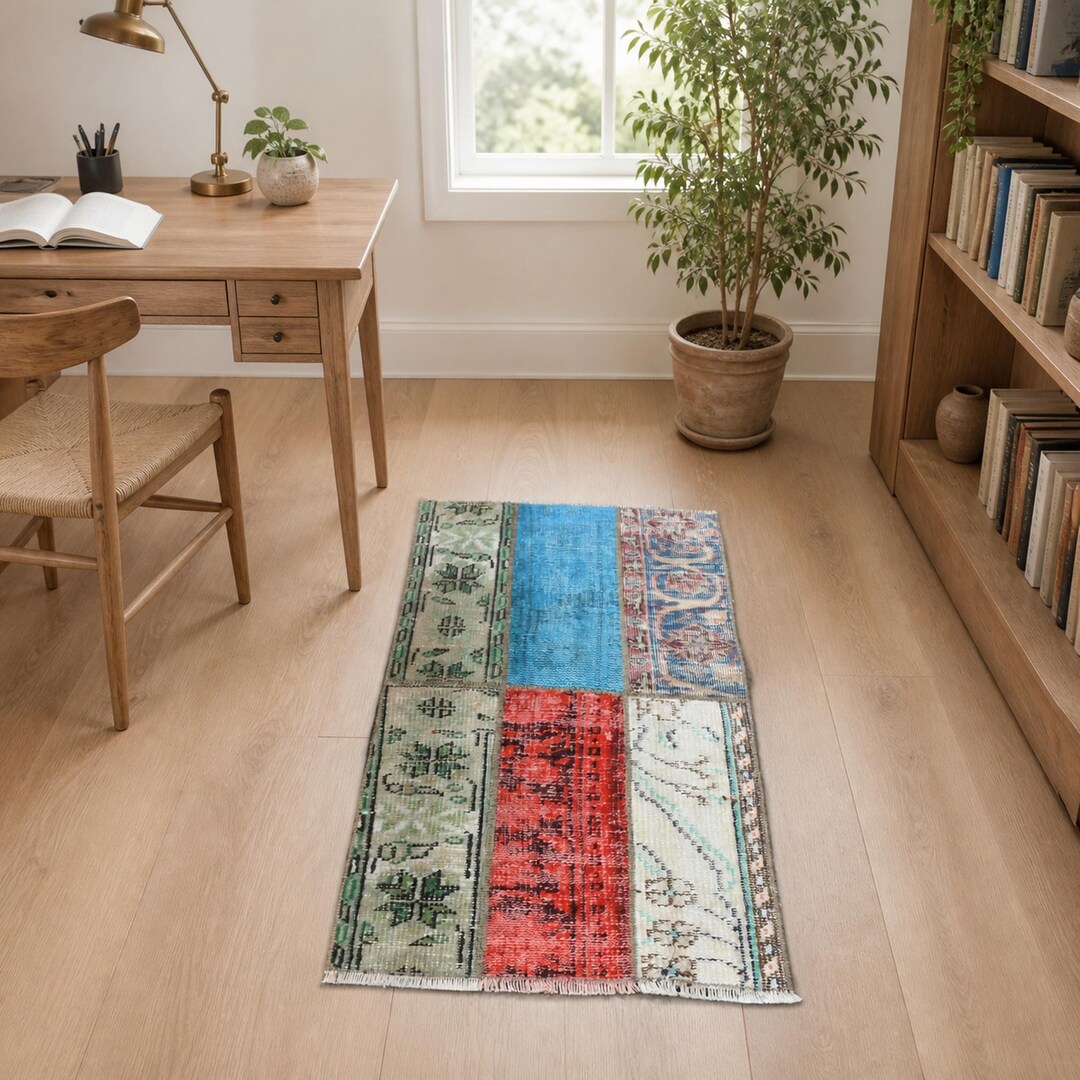Blue Red Office Rug Vintage Turkish Patchwork Wool Rug, 1.9x3.6 Ft Small Home Office Accent ...
