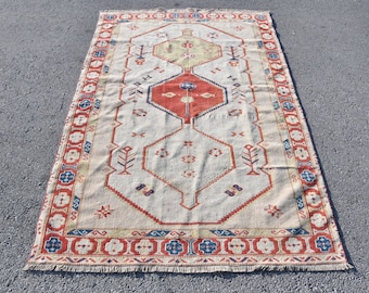 Turks tapijt, geometrisch tapijt, salontapijt, 4,5 x 6,9 ft, vintage tapijt, Oushak-tapijt, tapijt van biologische wol, oosters tapijt, Anatolisch tapijt, rood tapijt, 7842