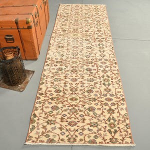 Vintage Runner Rug, Turkish Hallway Rug, Beige Oushak Carpet, 3x8ft, Wool Kitchen Rug, Bohemian Decor, 10810