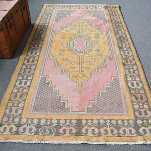 Vintage Turkish Rug, Pink and Yellow Geometric Design, 5x9ft, Antique Area Carpet, Unique Home Decor