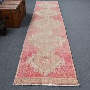Vintage Turkish Runner Rug, Handwoven Pink Carpet, Antique Hallway Carpet, 3x13ft, Geometric Design