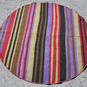 Circle Kilim, Turkish Kilim, 4.3x4.3 ft, Oriental Kilim, Striped Kilim, Round Kilim, Organic Kilim, Handmade Kilim, Vintage Kilim,  6040