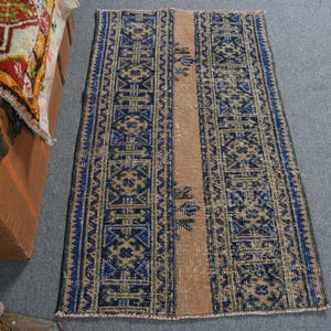 Vintage Turkish Rug, 2x4ft Handwoven Door Mat, Blue and Beige Geometric Pattern, Authentic Home Decor