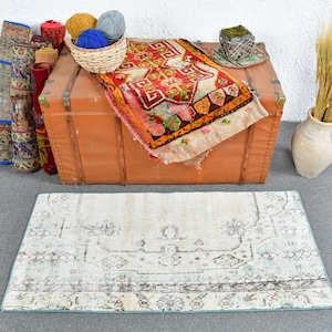 Vintage Rug, 2x4 ft Small Rug, Turkish Rug, Oushak Rugs, Rugs For Bathroom, Beige Floor Rug, Handwoven Door Mat,  13132